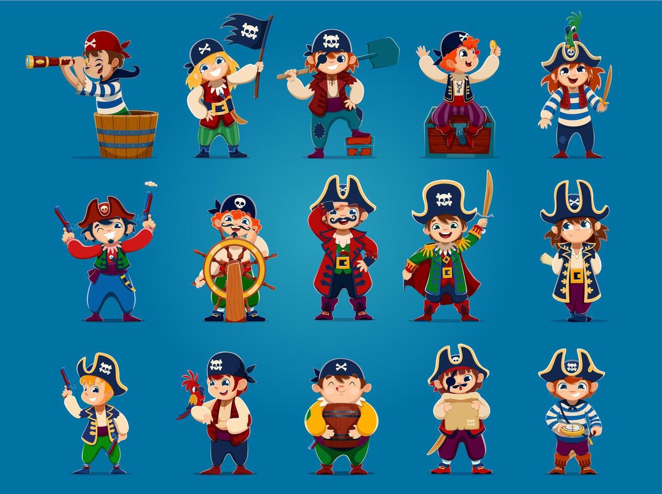 Kid pirate and corsair cartoon characters set vector