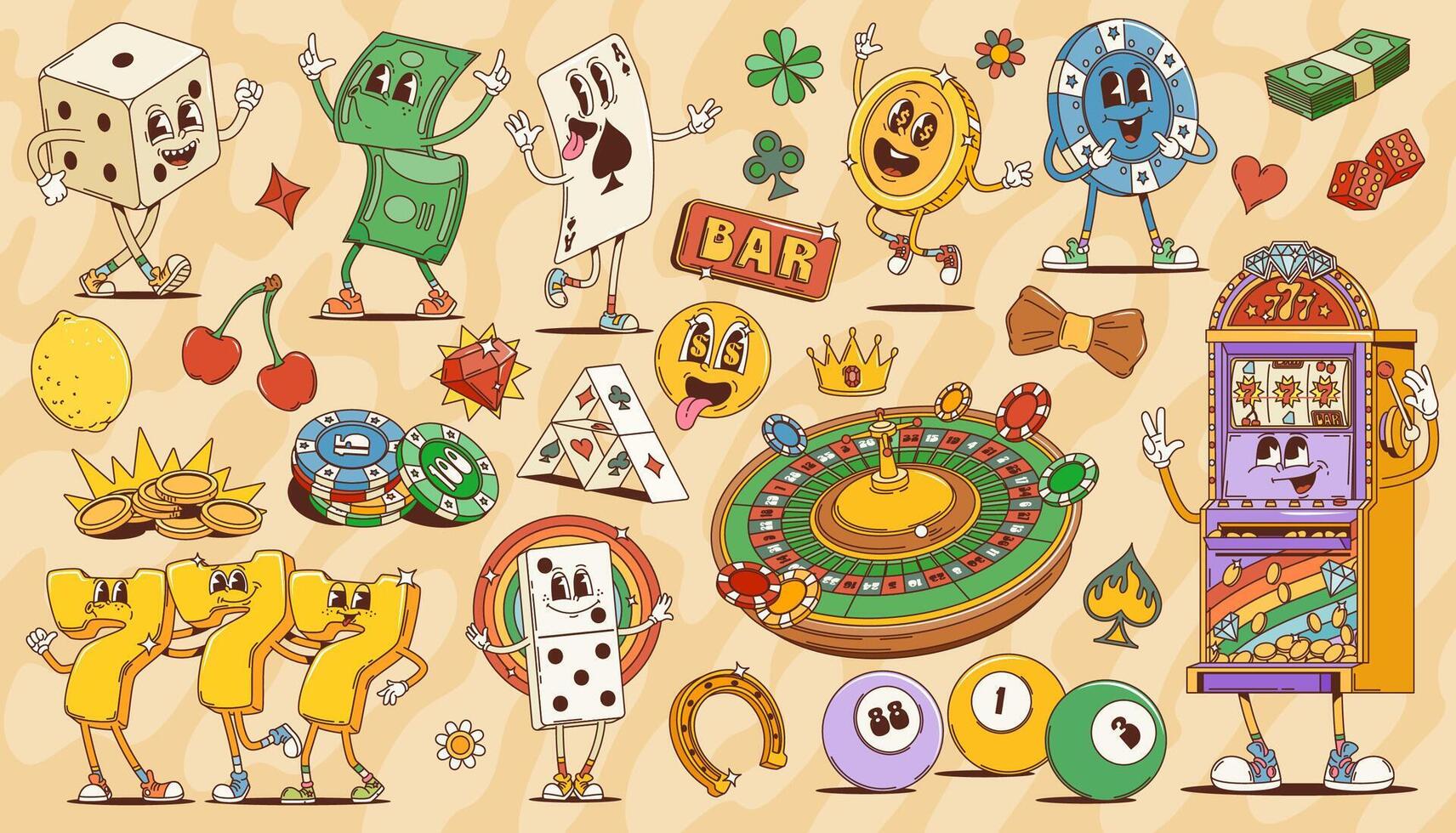 Cartoon groovy casino and gambling game characters vector