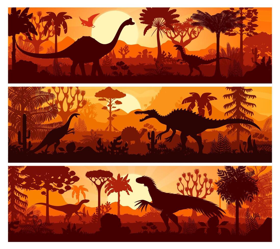 Prehistoric era dinosaurs forest sunset landscape vector