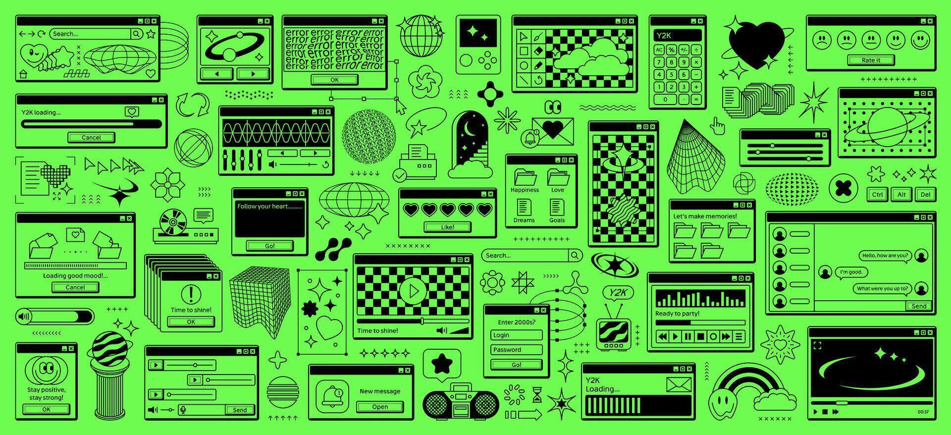 Rave y2k computer window page interface, retro UI vector