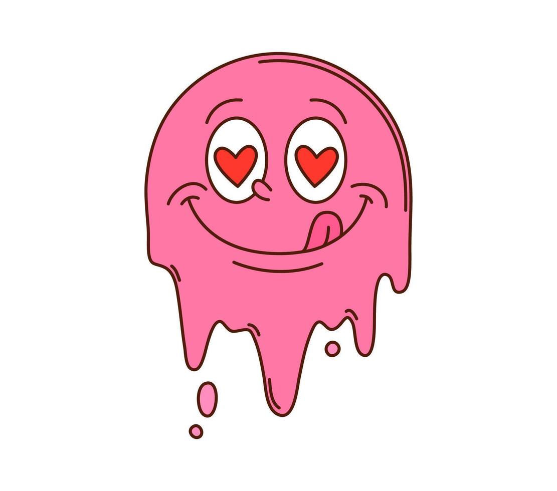 Cartoon groovy pink melting face retro character vector
