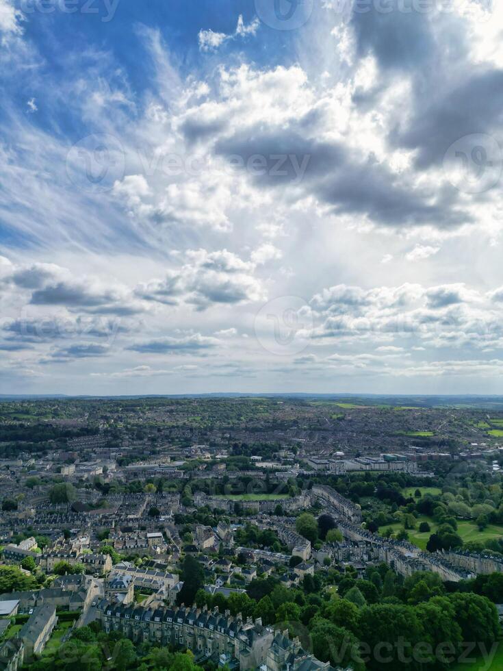 High Angle View of Historical Bath City of England United Kingdom During Partially Cloudy Day of May 27th, 2024, Aerial Footage Was Captured with Drone's Camera During Bright Sunny Day photo