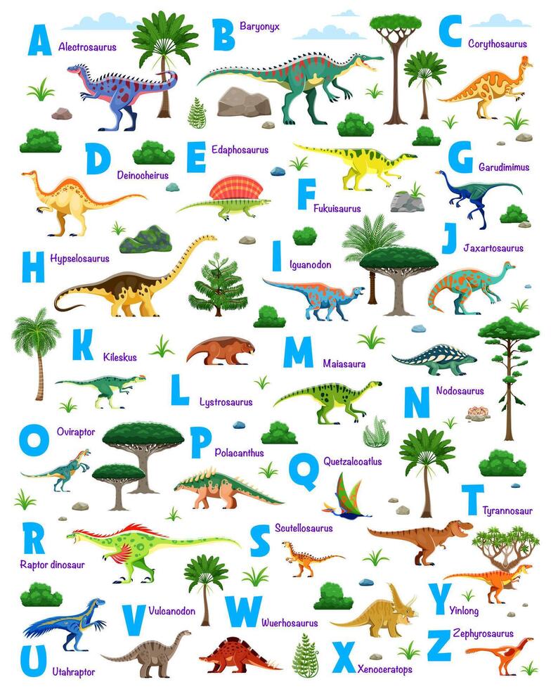 Dinosaur alphabet of cartoon dino animals, letters vector