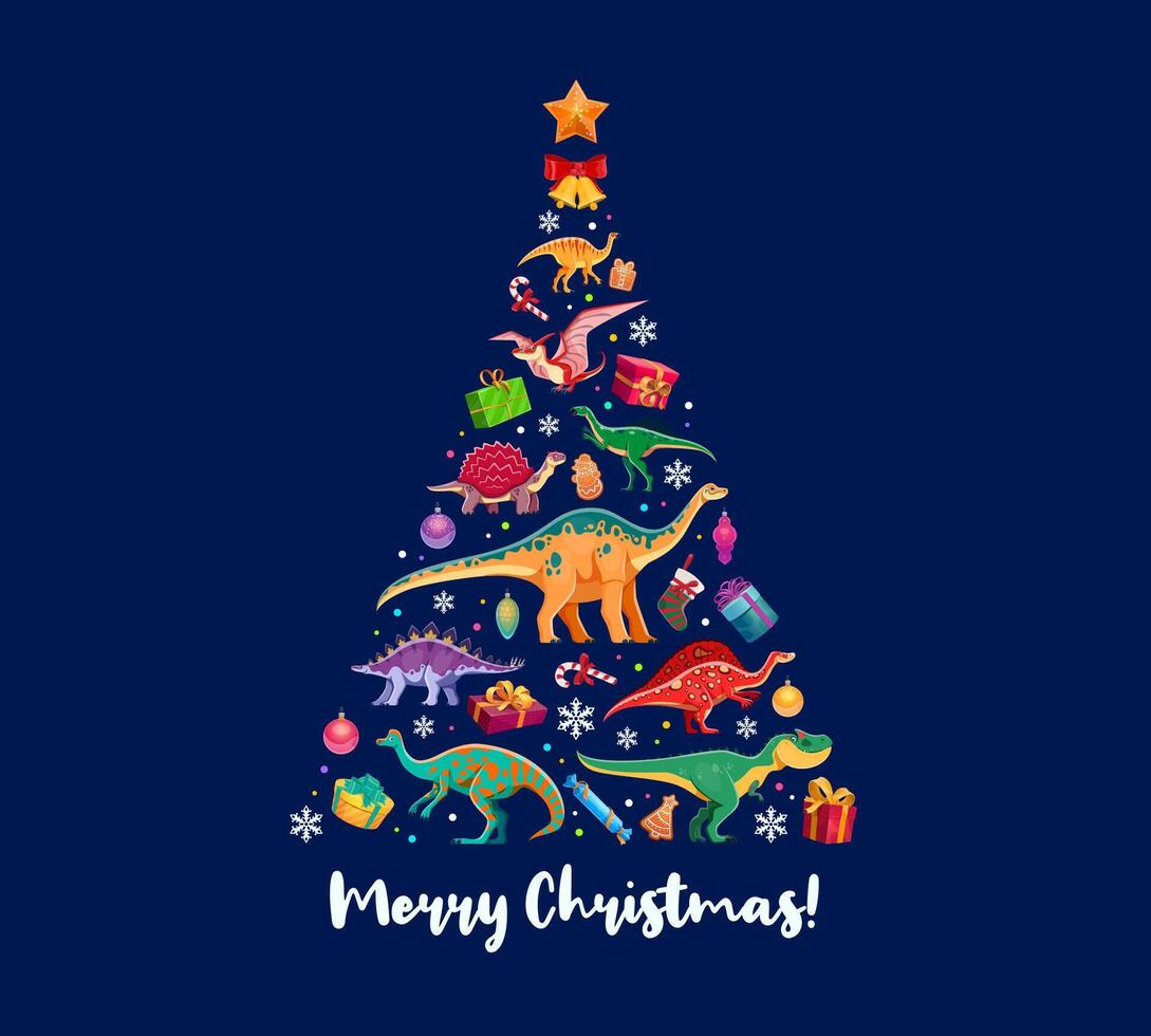 Christmas dinosaurs tree decorated with funny dino vector