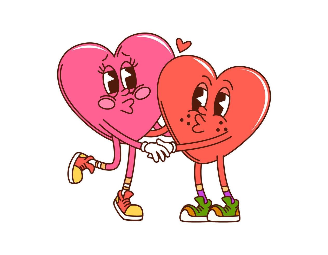 Cartoon groovy two heart characters holding hands vector