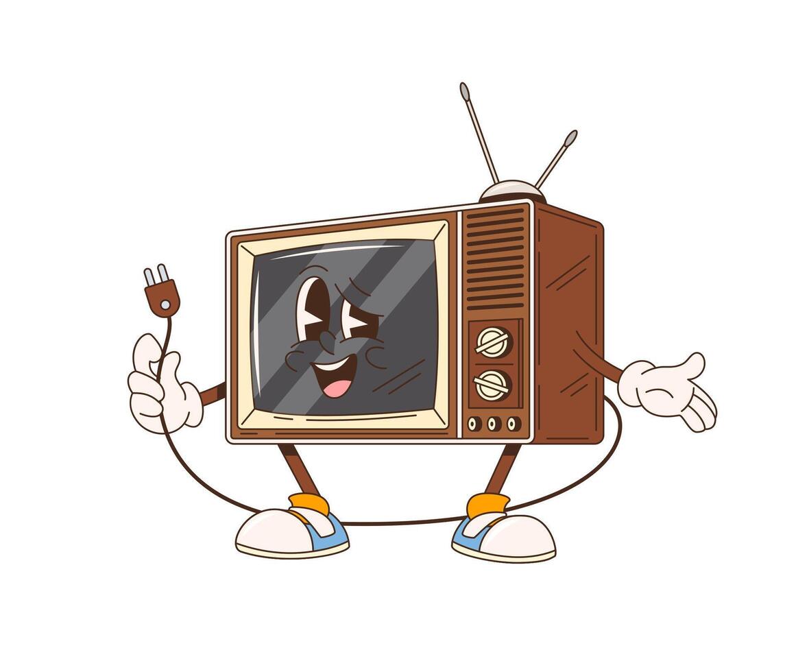 Cartoon retro groovy tv character holds a plug vector