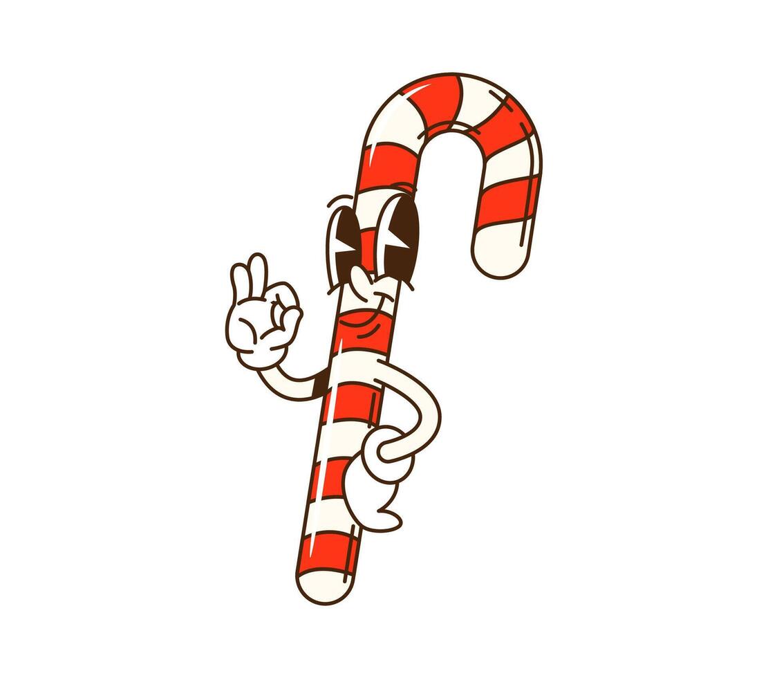 Cartoon groovy Christmas candy cane showing ok vector