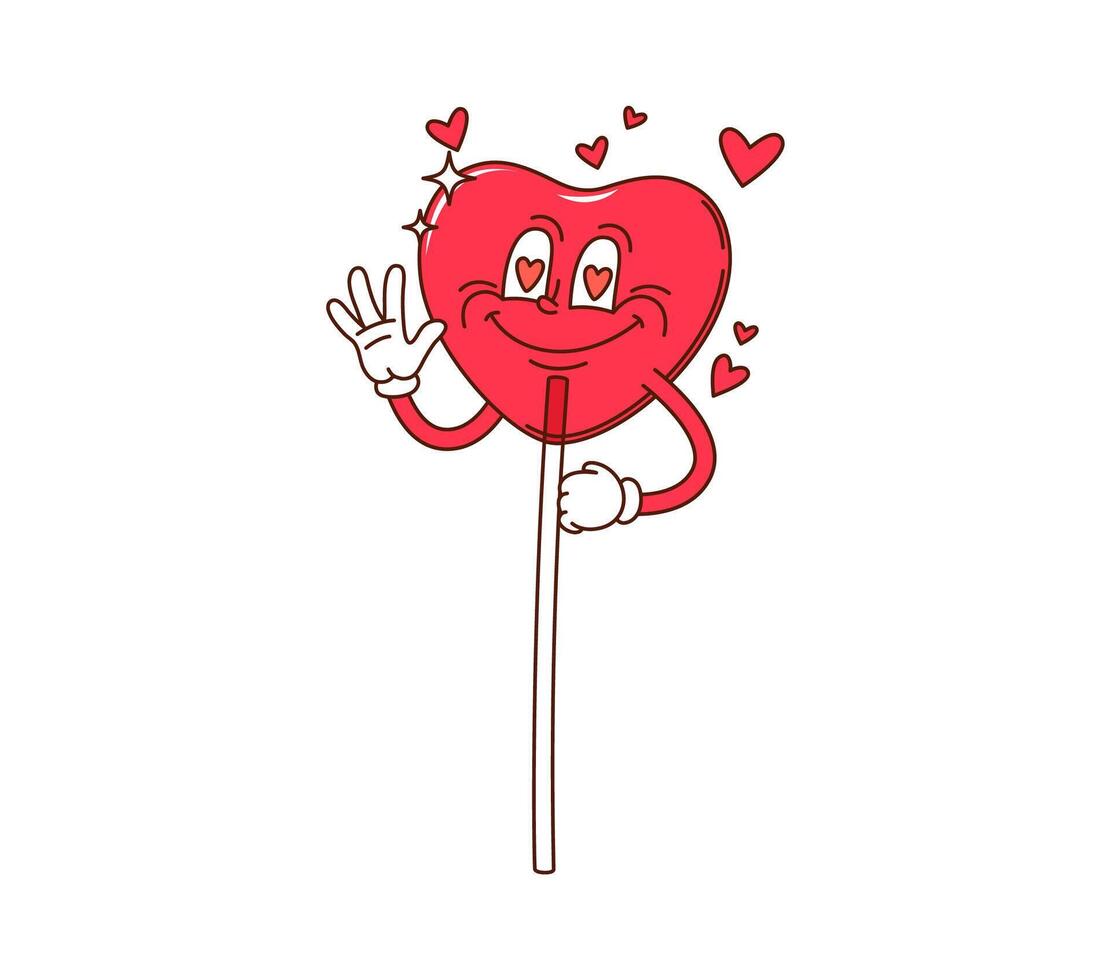 Cartoon groovy heart lollipop candy character vector