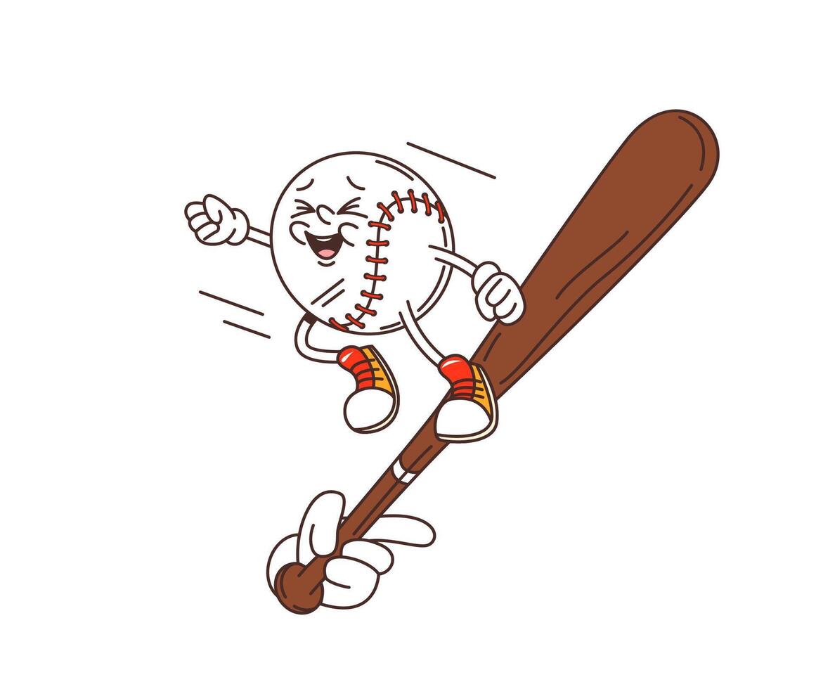 Cartoon retro groovy baseball ball character, bat vector