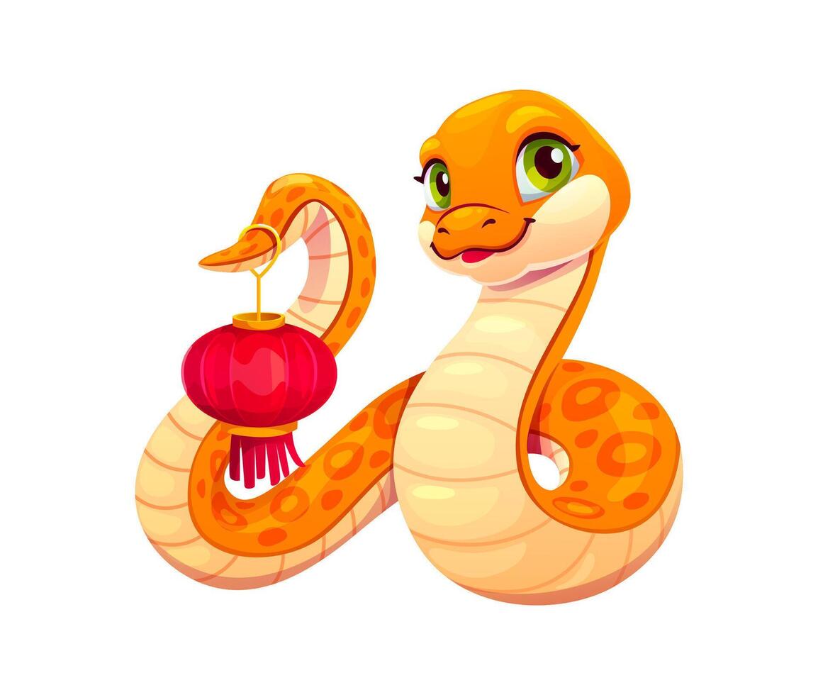 Cartoon orange snake holding Chinese red lantern vector