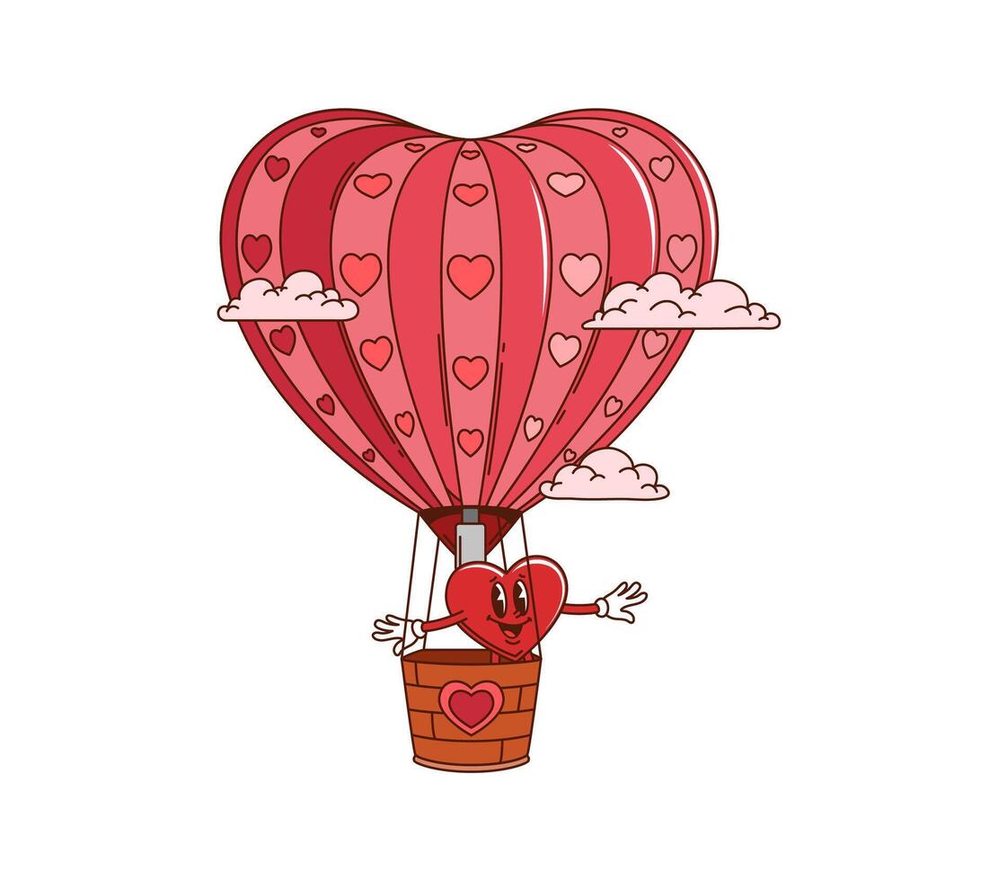 Cartoon groovy heart flying in the sky on balloon vector