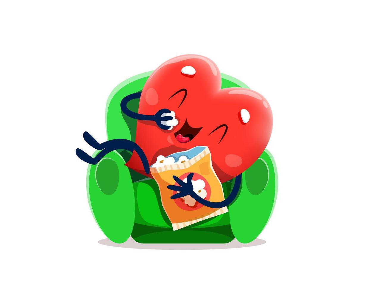 Cartoon funny heart character on chair eat popcorn vector