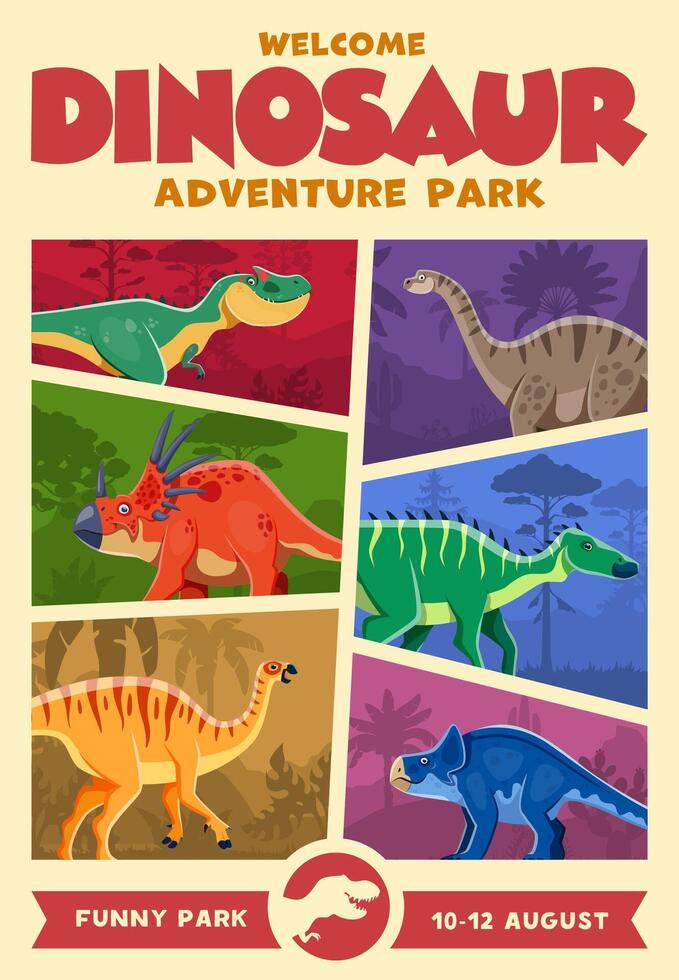 Dino park retro poster with prehistoric dinosaurs vector