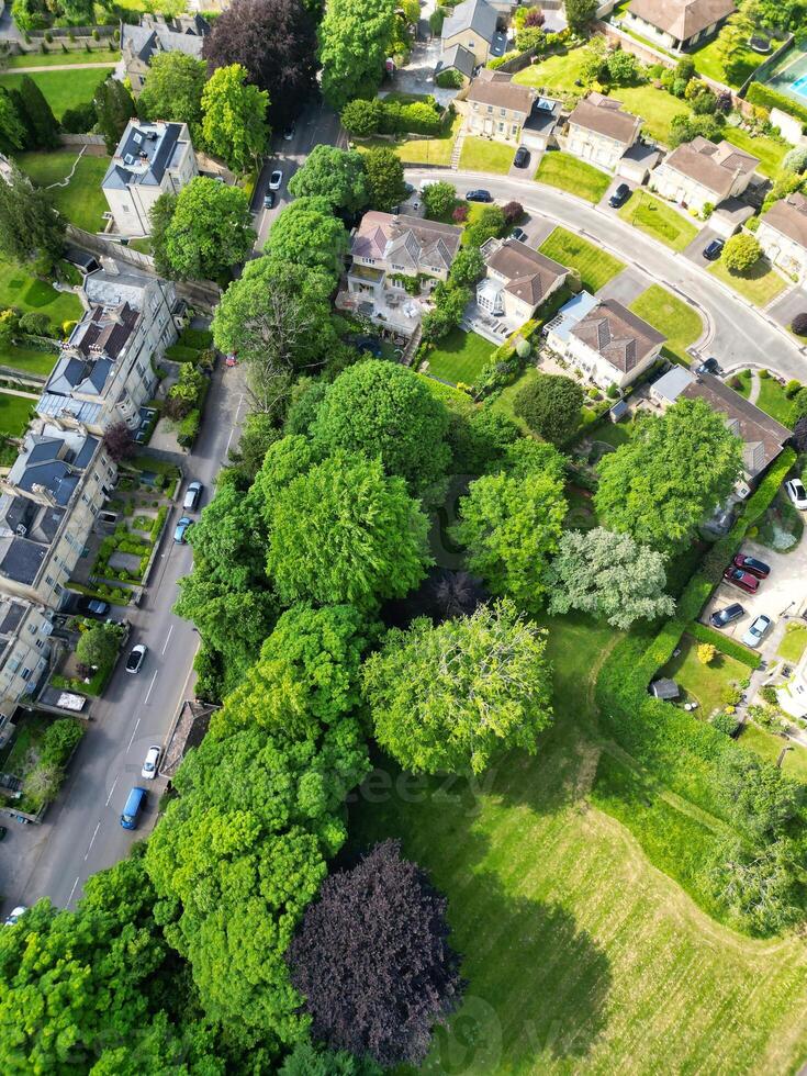 High Angle View of Historical Bath City of England United Kingdom During Partially Cloudy Day of May 27th, 2024, Aerial Footage Was Captured with Drone's Camera During Bright Sunny Day photo