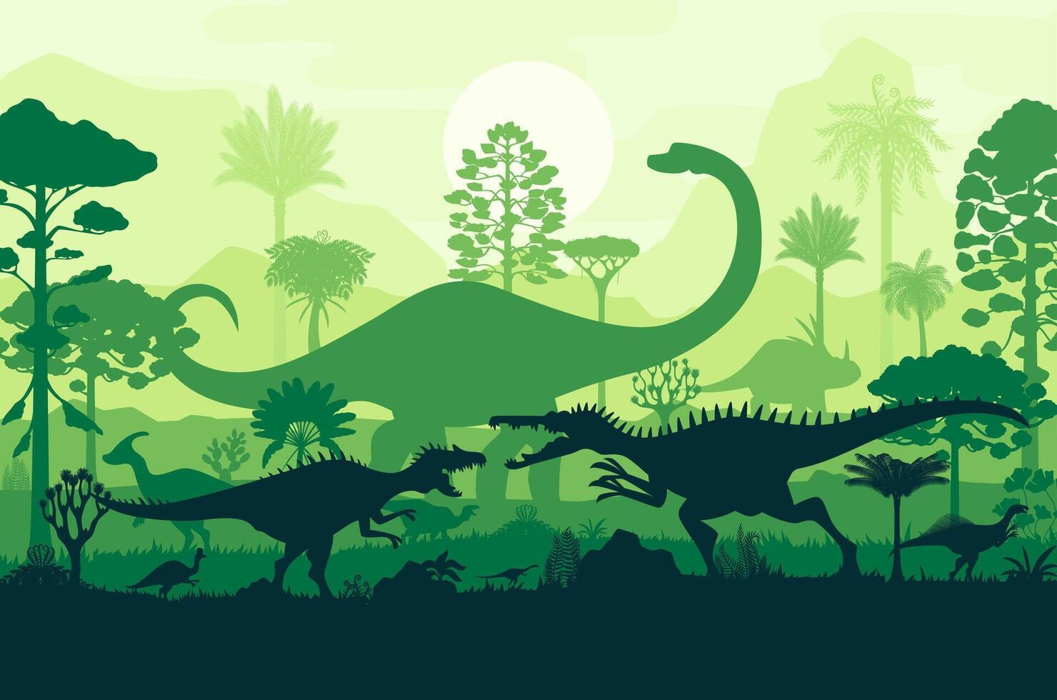 Prehistoric dinosaurs silhouettes in rain forest vector