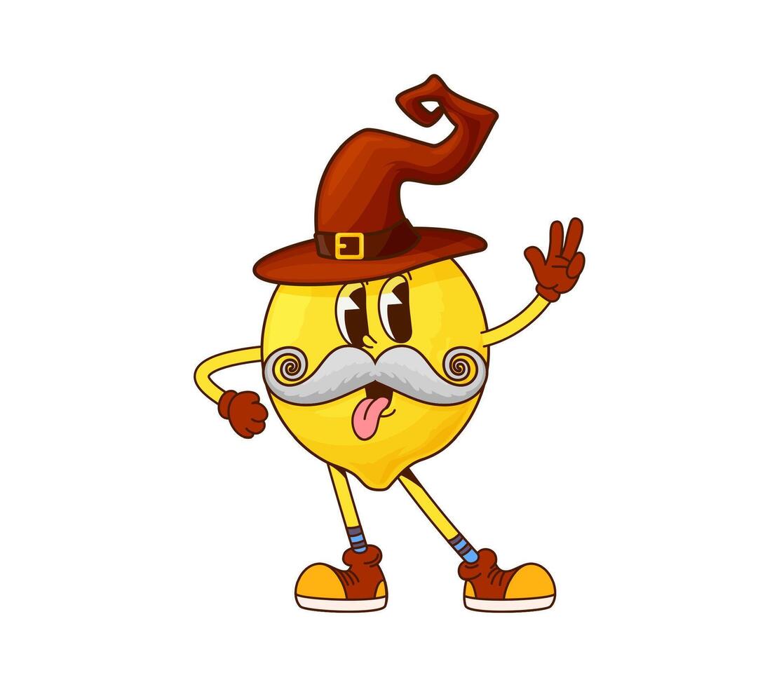 Groovy lemon fruit halloween wizard character vector