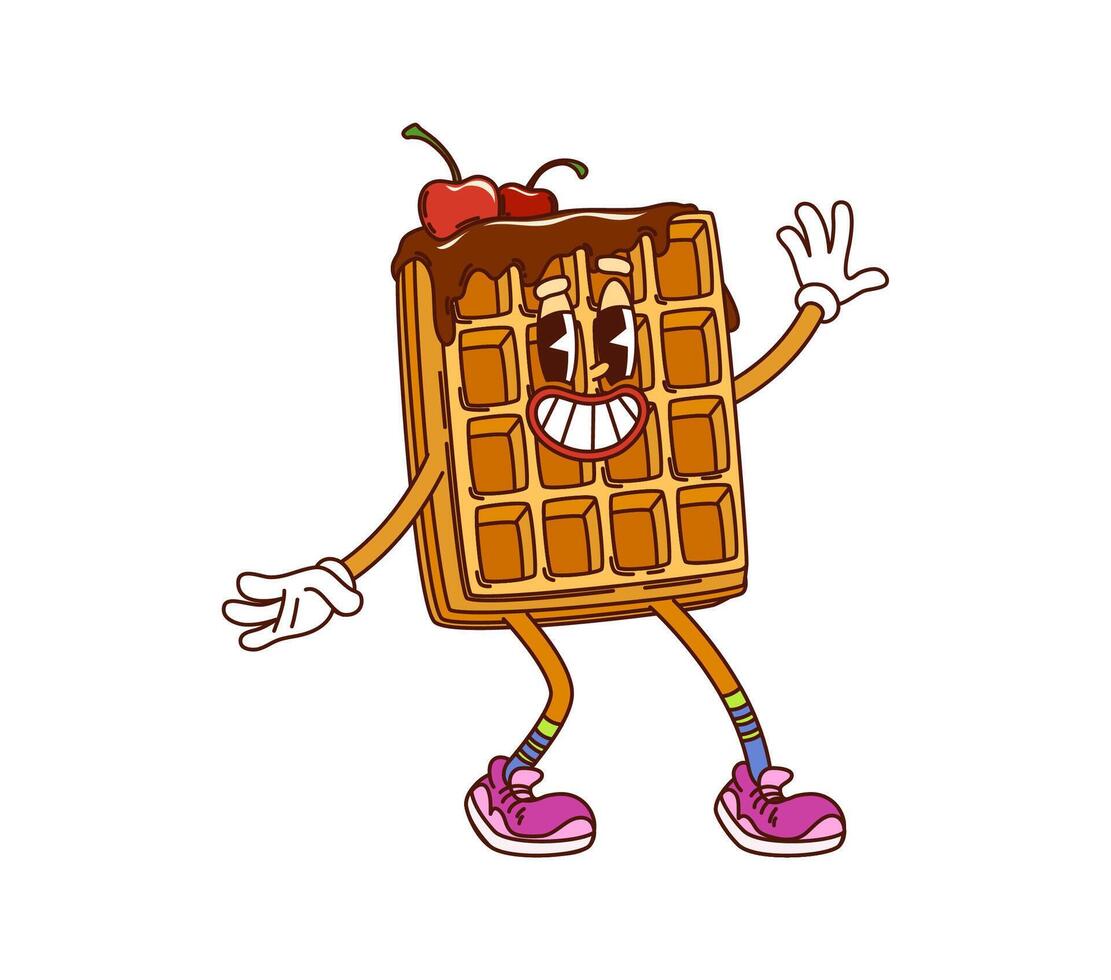 Groovy Belgian waffle hippie dessert character vector