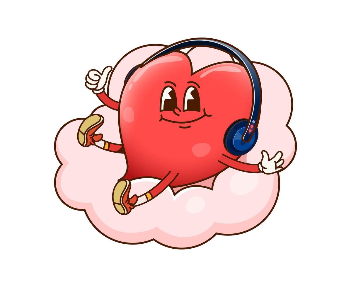 Cute groovy heart character in headphones on cloud vector
