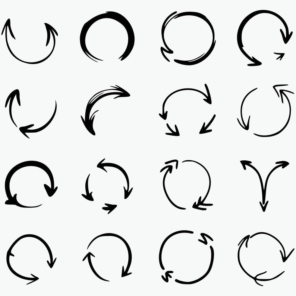 Comprehensive Collection of Circular Arrow Designs Showcasing Various Styles and Patterns in a Grid Layout Perfect for Illustrating Cycles Processes and Continuous Motion in Graphic Design and Icon vector