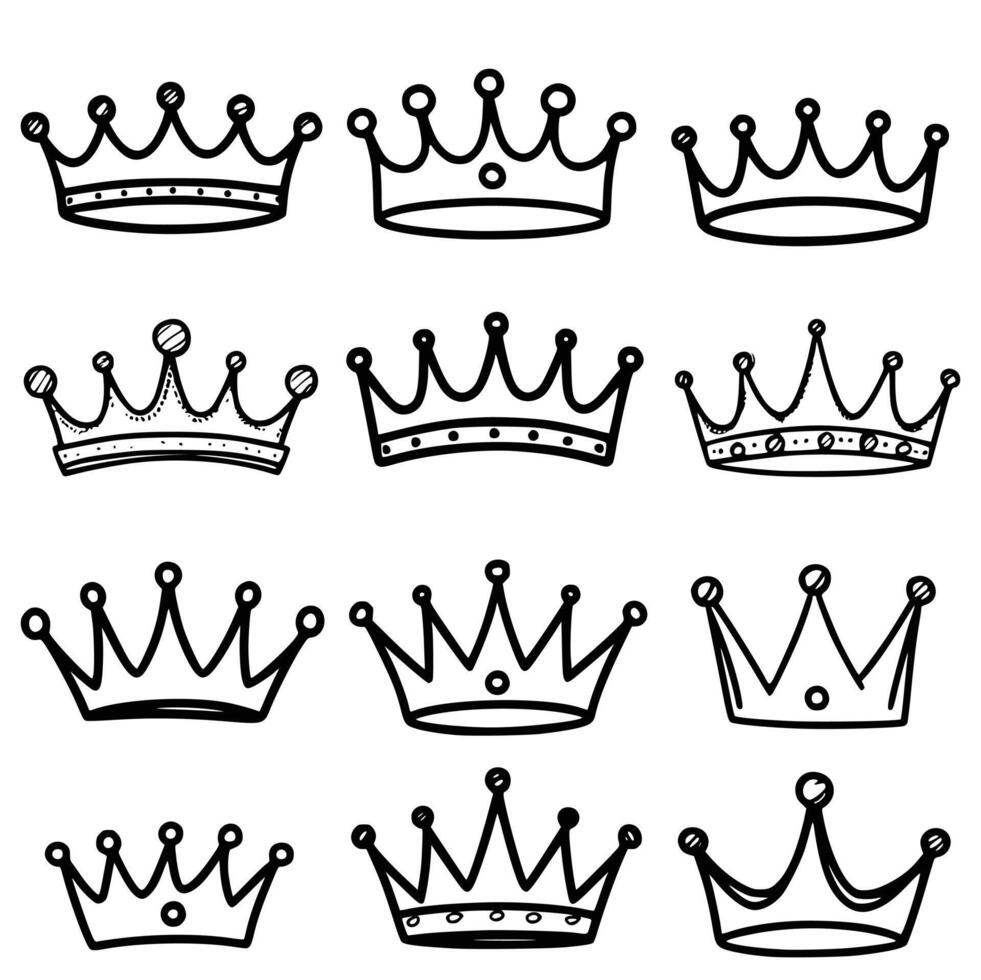 Exquisite Collection of Crown Illustrations Showcasing Twelve Unique Designs Ranging from Simple to Intricate, Perfect for Royal Themed Projects, Decorative Art, and Illustrative vector
