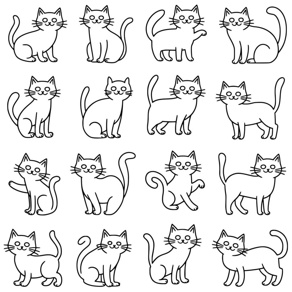 Playful Cartoon Cat Illustrations Featuring a Variety of Cute and Quirky Poses in a Charming Black-and-White Line Art Style - Perfect for Art Projects, Design Inspiration, or Educational Use vector