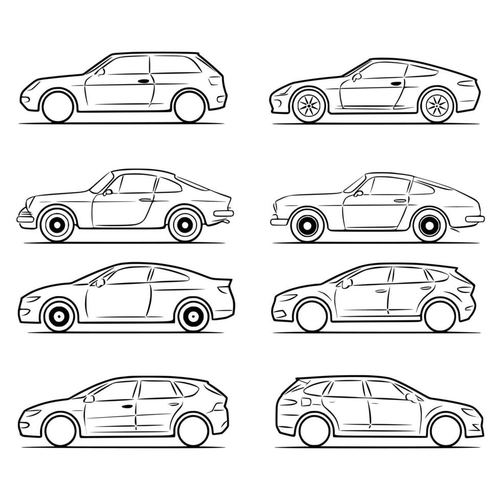 Diverse Collection of Car Line Drawings Showcasing Various Models and Designs - A Visual Exploration of Sedans, Sports Cars, and SUVs in Detailed and Artistic Line Art for Automotive Enthusiasts vector