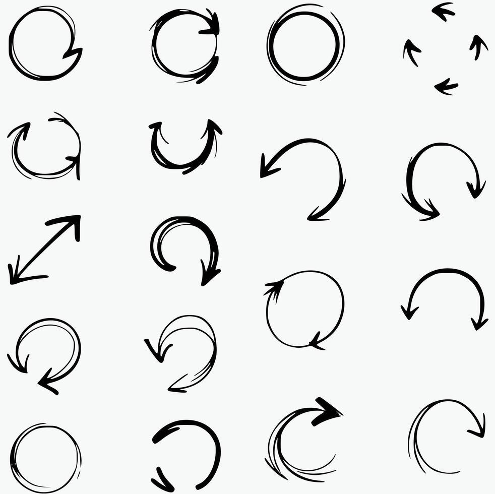 Creative Collection of Circular Arrow Designs Showcasing Various Styles and Patterns in a Grid Layout Perfect for Illustrating Cycles Processes and Continuous Motion in Graphic Design vector
