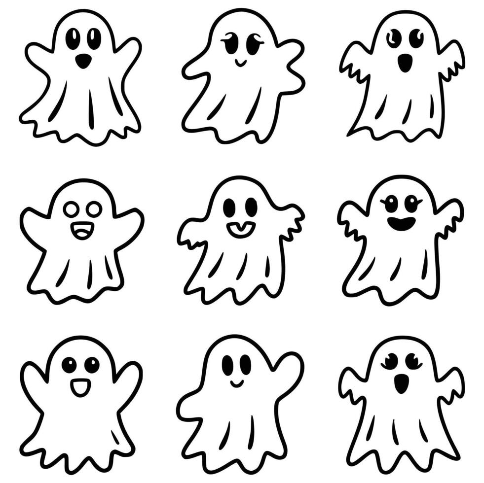 Playful Cartoon Ghost Illustrations Capturing a Range of Emotions and Poses in a Fun Black-and-White Line Art Style, Perfect for Halloween-Themed Designs and Creative Artwork vector