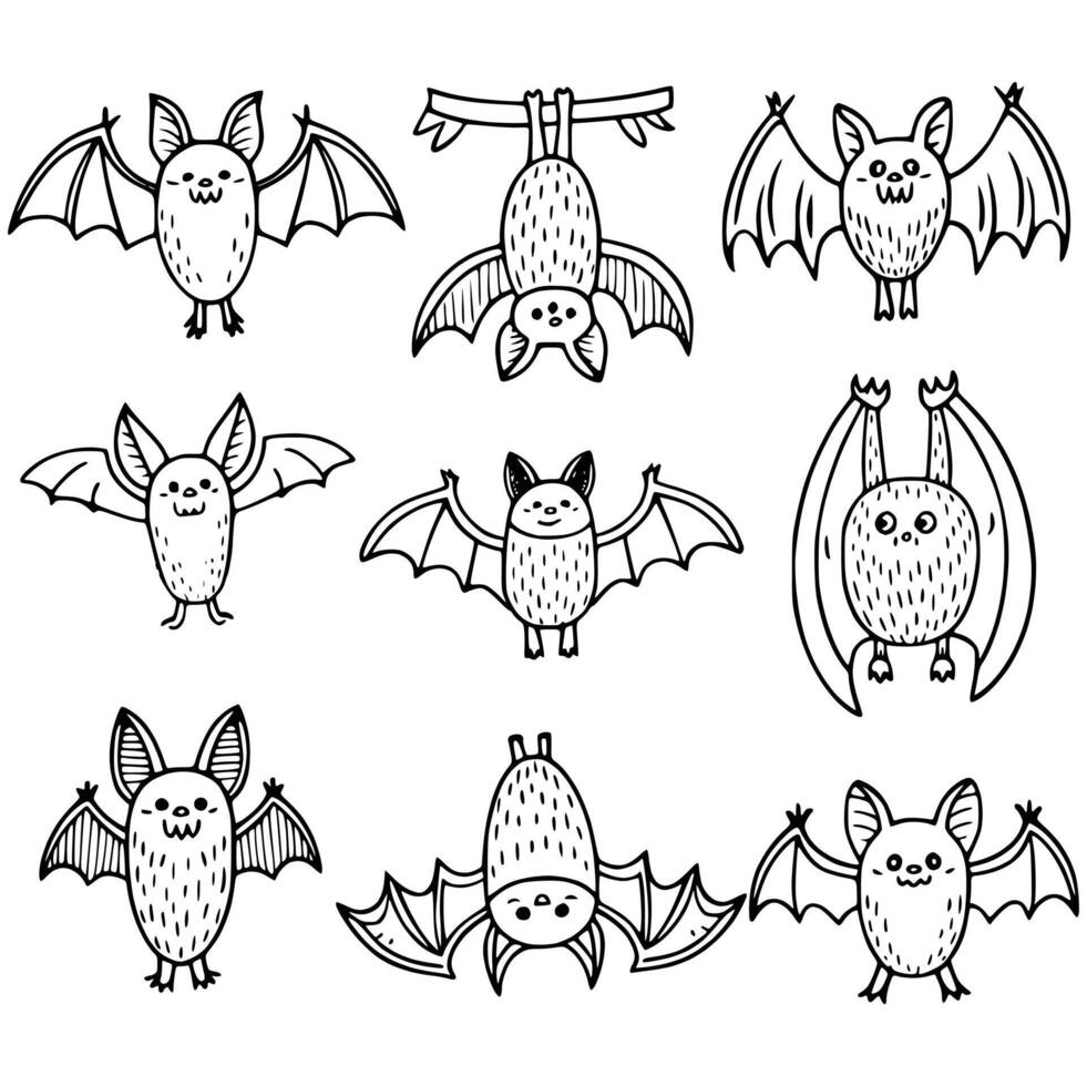 Whimsical Cartoon Bat Illustrations Featuring Various Poses and Expressions in a Fun Hand-Drawn Style, Perfect for Halloween Decorations and Creative Artwork Highlighting the Charm and Playfulness vector
