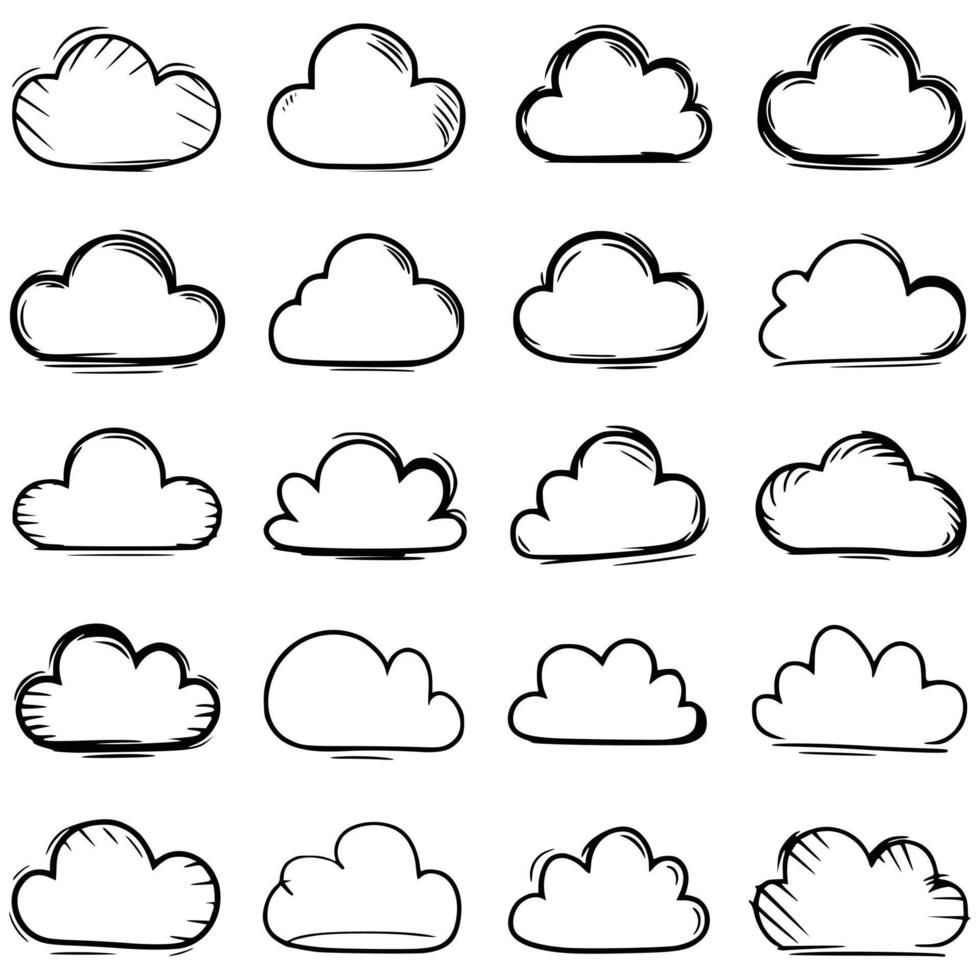 Unique Hand-Drawn Cloud Illustrations A Collection of 20 Diverse Black and White Cloud Designs Perfect for Design Inspiration Weather-Related Graphics or Artistic Reference vector