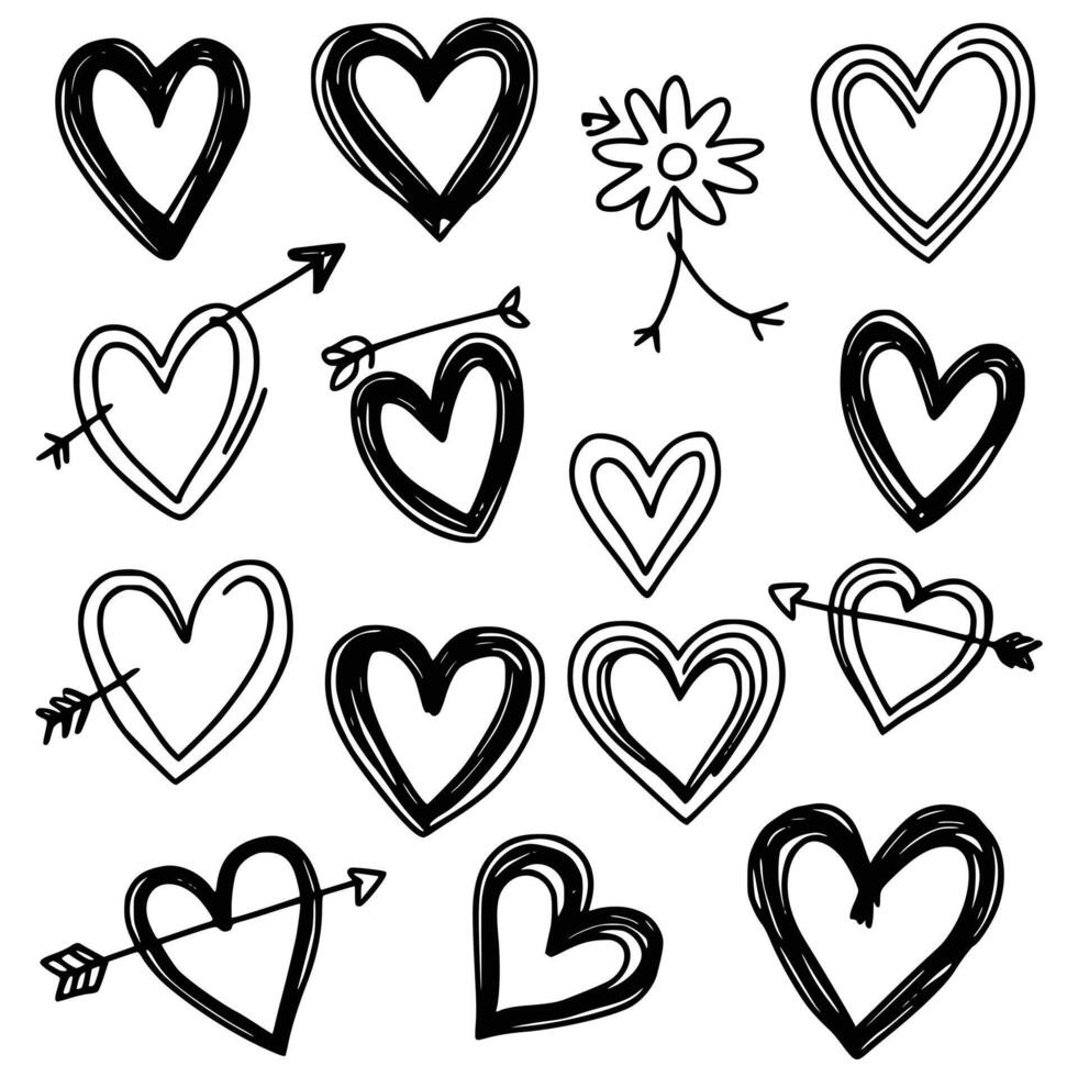 Hand-Drawn Hearts and Arrows Illustrations with Playful Flower Design - Perfect for Artistic and Decorative Purposes, Showcasing a Variety of Heart Styles in a Black and White Sketchy Theme vector