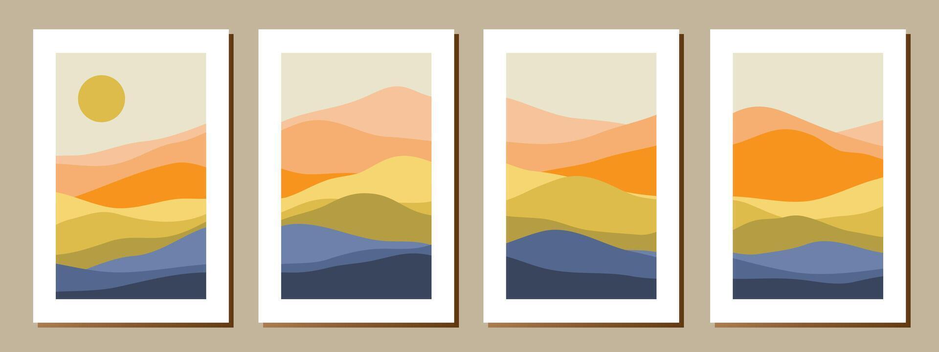 Set of creative abstract mountain landscape and mountain range backgrounds.Mid century modern illustrations with hand drawn mountains,sea or lake,sky,sun and moon.Trendy vector