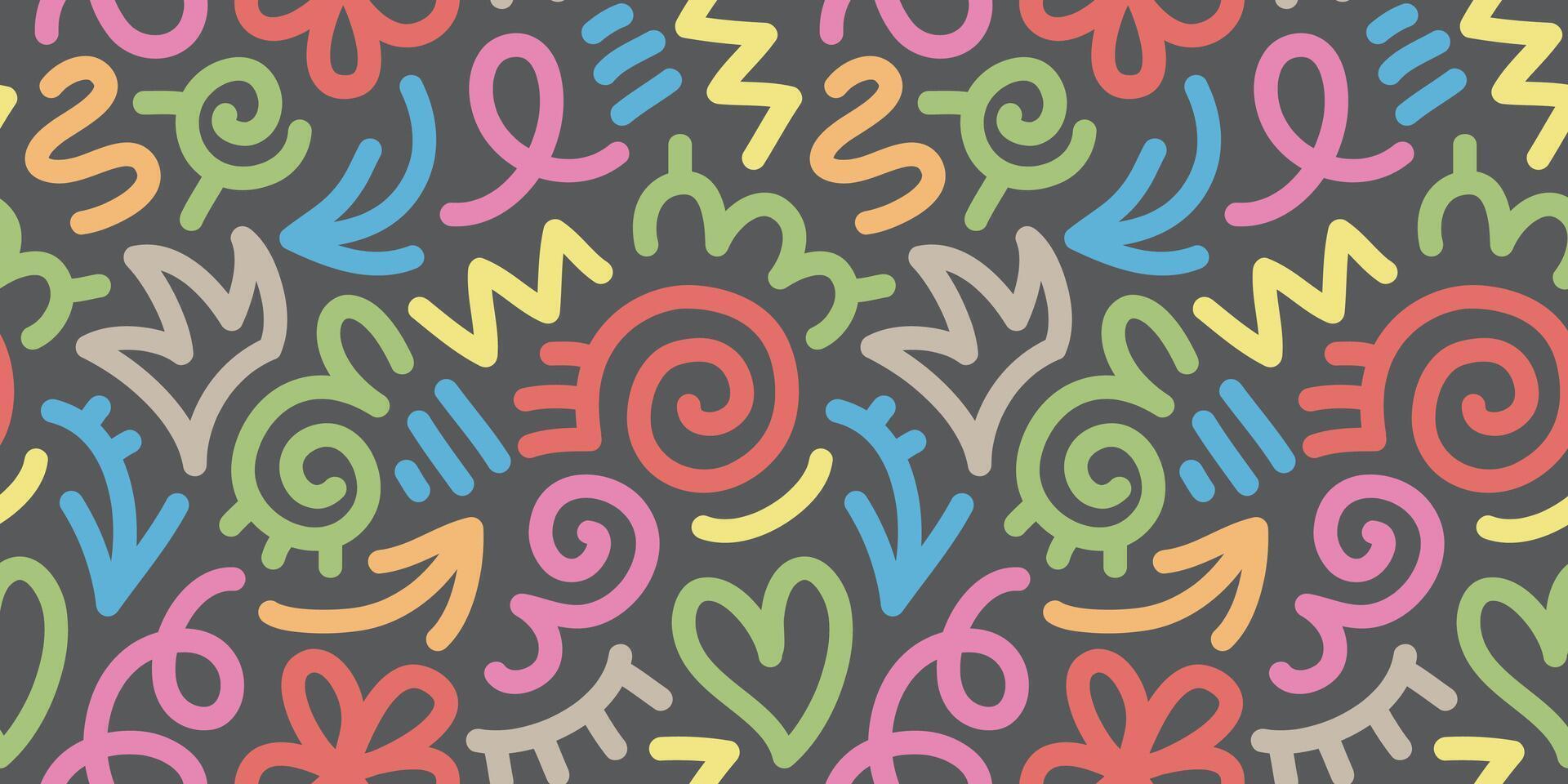 fun colorful line doodle seamless pattern. Creative abstract art background collection for children or festive celebration design. Simple childish scribble wallpaper print texture bundle. vector