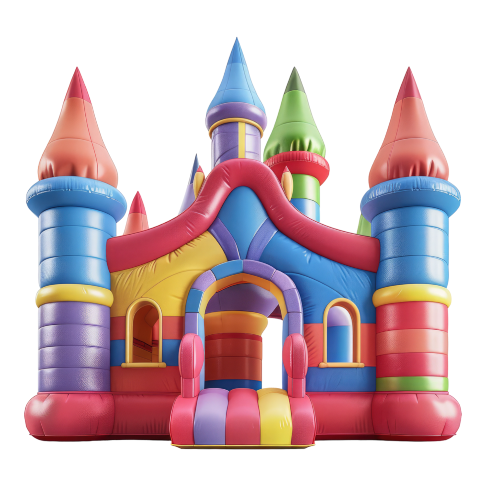 A large inflatable castle with colorful towers png