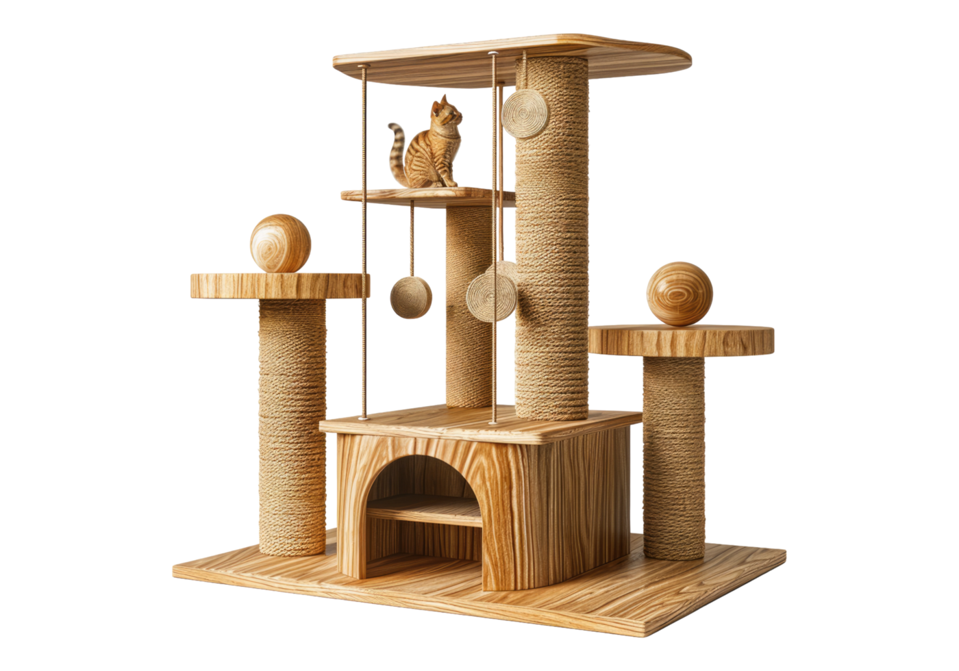 A wooden cat tree with a cat on top png
