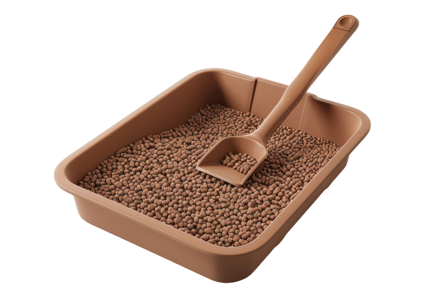 A brown plastic tray with a scoop and a cat food png