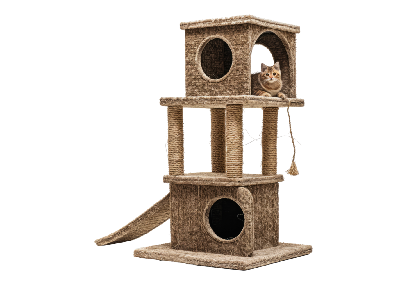 A cat is sitting on a cat tree png