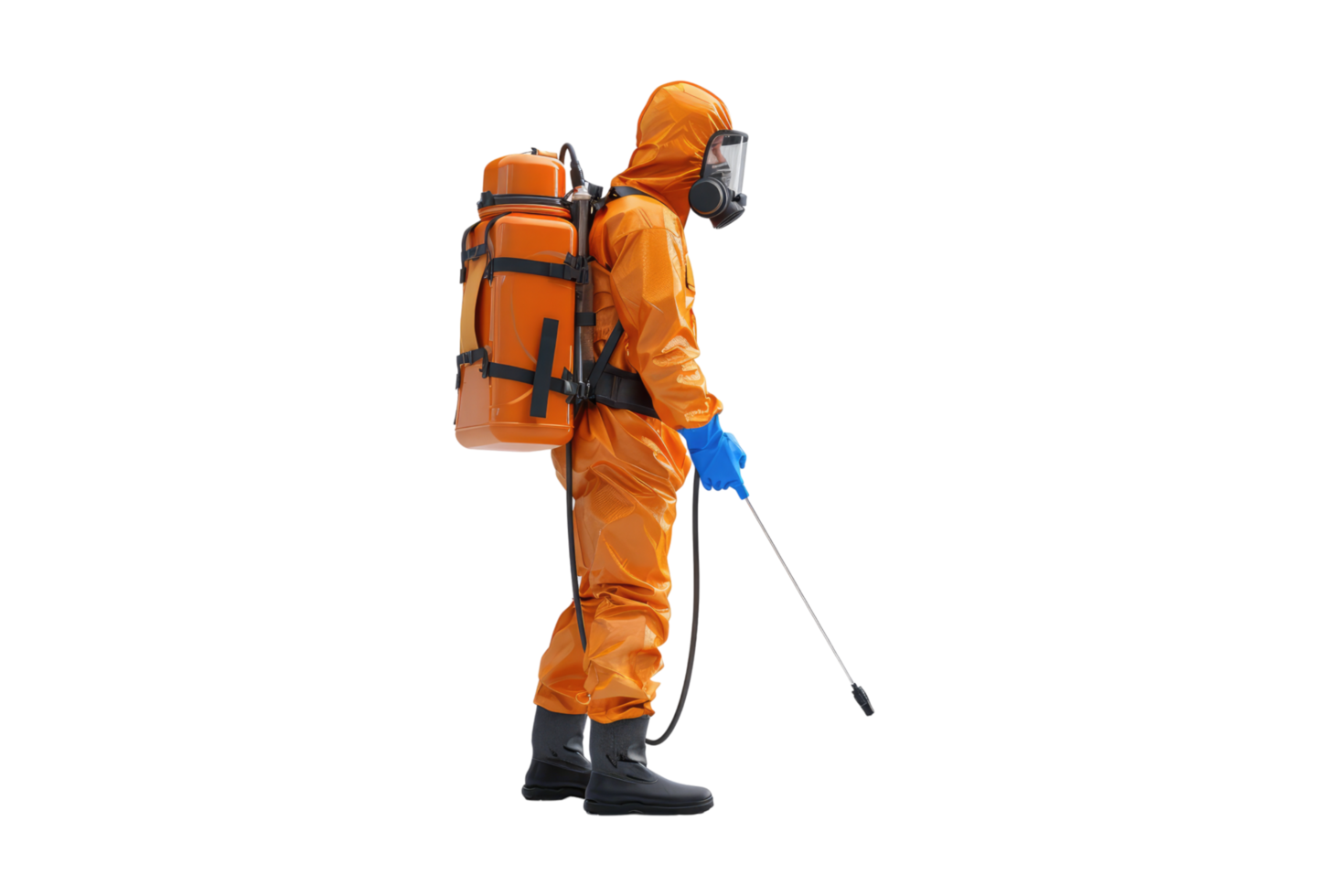A man in an orange suit and protective gear with a backpack png