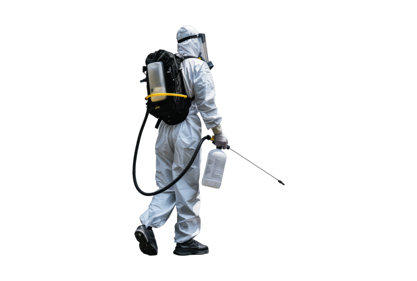 A man in a protective suit with a backpack png