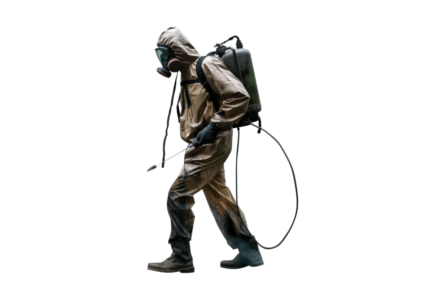 A man in a gas mask walking with a backpack png