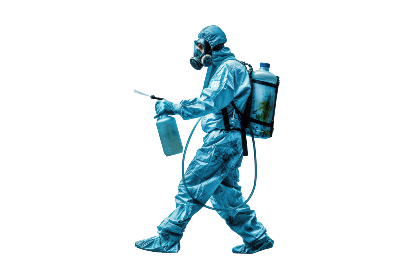A man in a gas mask walking with a sprayer png