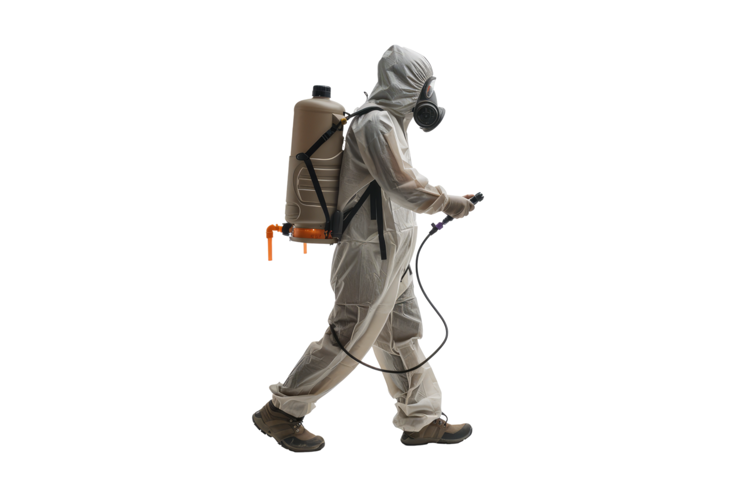 A man in a gas mask walking with a backpack png
