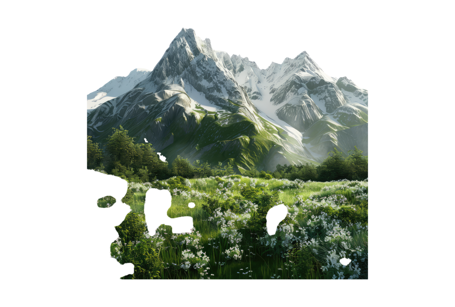 A mountain range with flowers and trees png