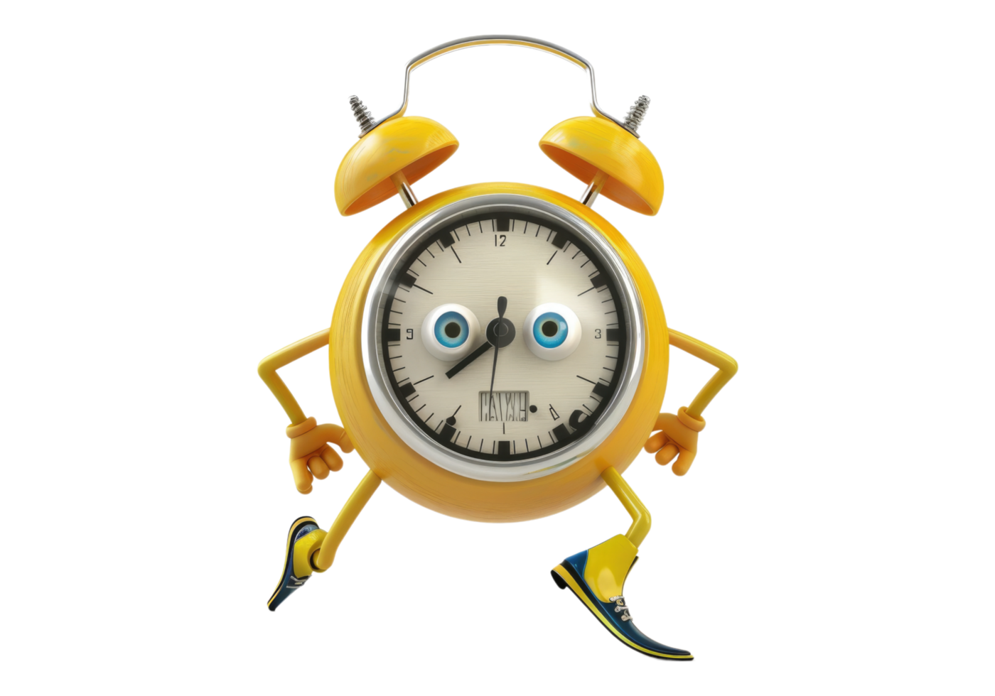 A cartoon clock with eyes and legs running png