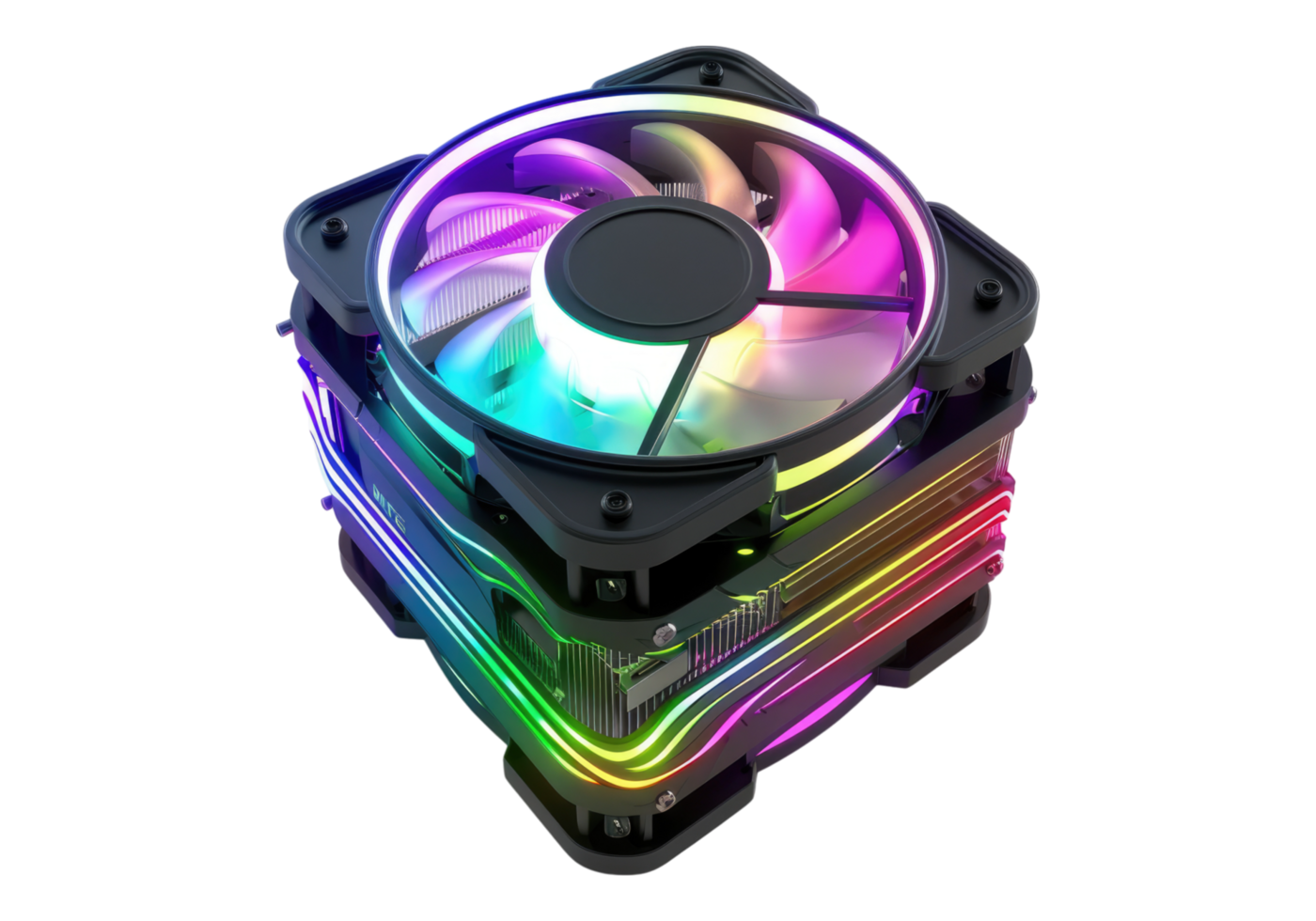 A computer case with a rainbow colored fan png
