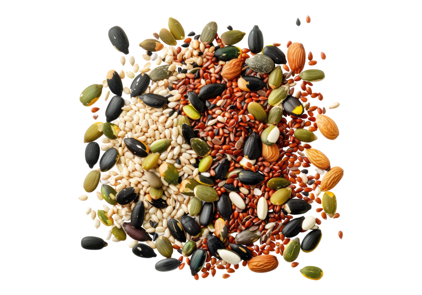 A variety of seeds and nuts are scattered on a black background png