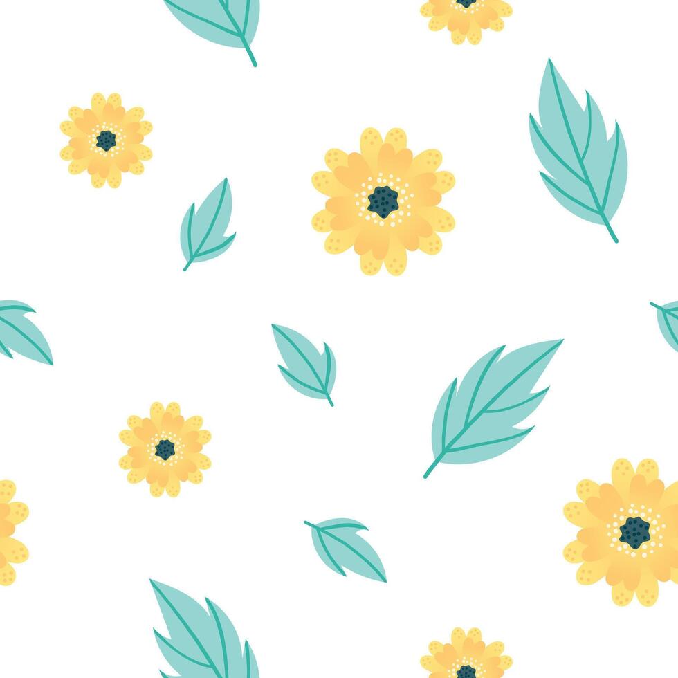 Seamless pattern with yellow flowers and green leaves. Plant ornament for fabric, background, wallpaper. illustration. vector