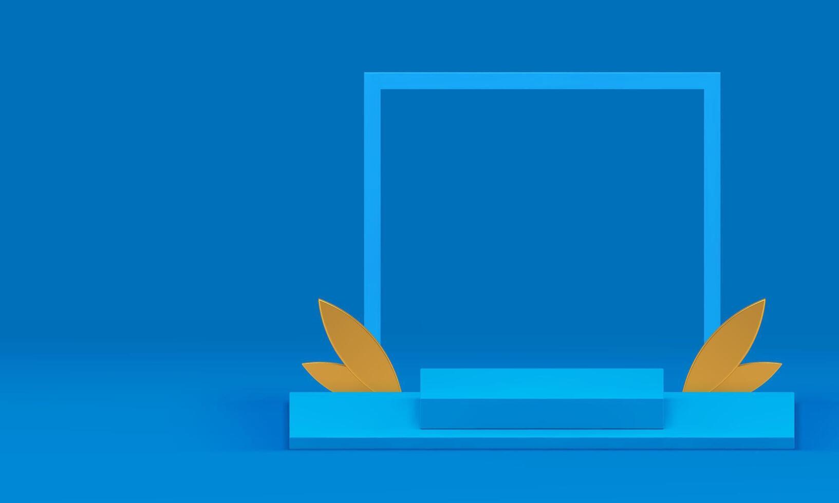 Blue 3d podium pedestal with golden leaves for presentation realistic illustration vector