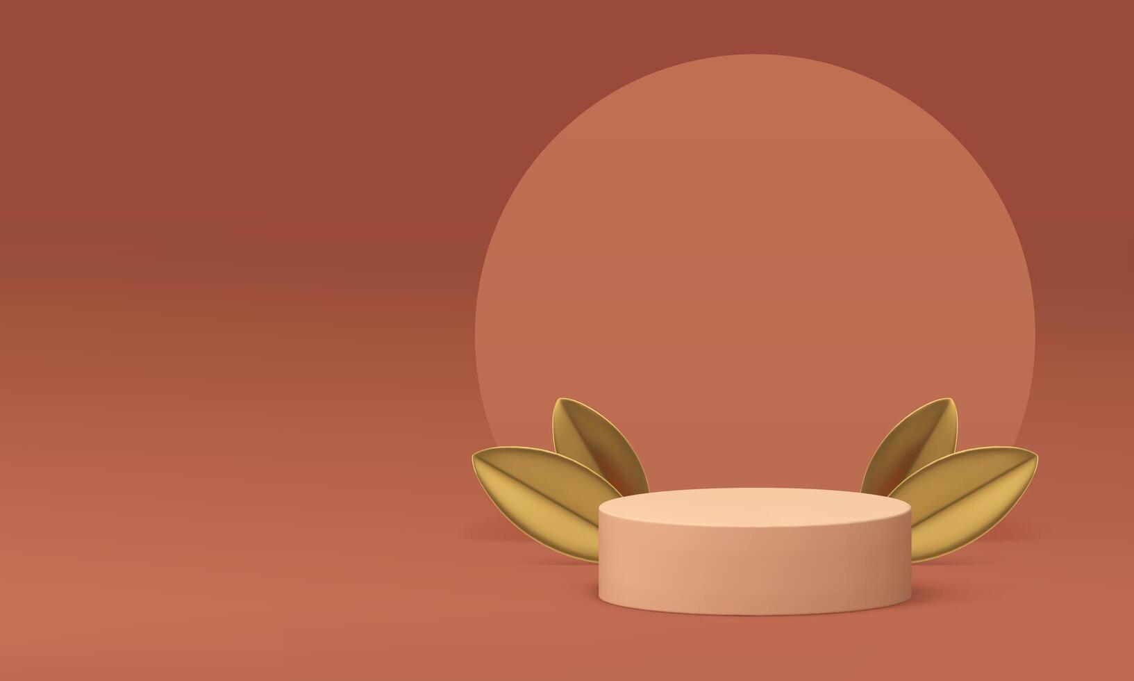 3d beige podium pedestal with golden leaves for product show presentation realistic vector