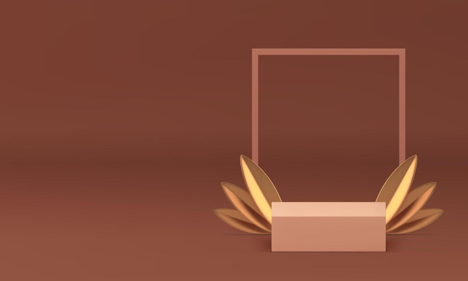 Pastel 3d podium with frame and golden leaves for presentation realistic illustration vector